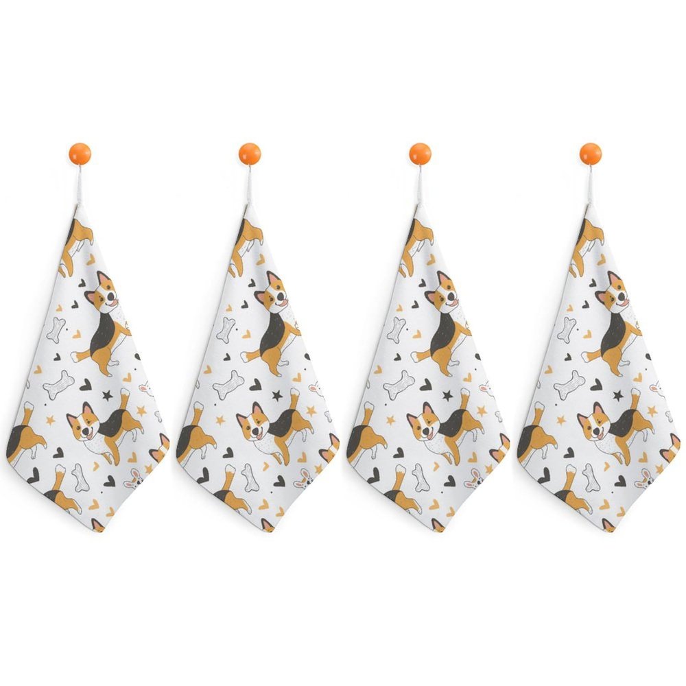 QUEWIQR Welsh Corgi Hanging Hand Towels, Drying Dish Towels for Bathroom and Kitchen, 4-Piece Set
