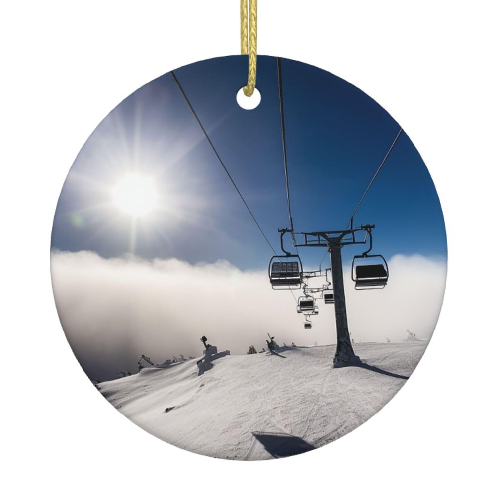 Round Ceramic Christmas Ornament with Ski Lift and Gold-Colored Ribbon