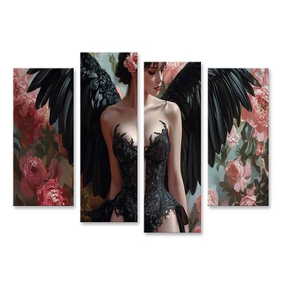 islandburner Prime Canvas Wall Art, Angel with Black Wings and Roses