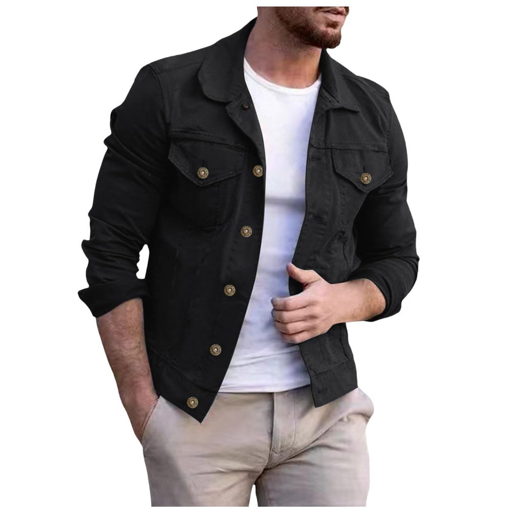 Duohropke Men's Denim Jacket, Basic Coat, Transitional Jacket with Stand Collar, Casual Baggy Outerwear