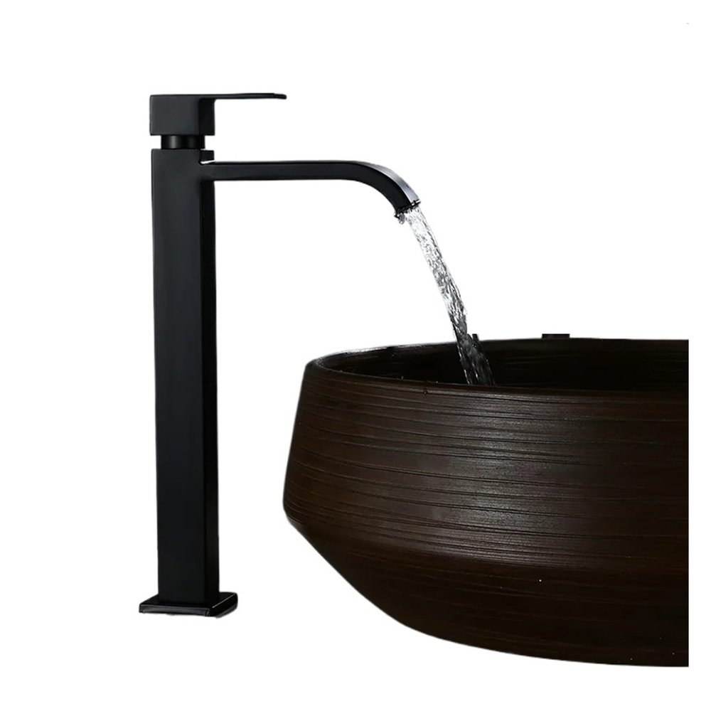 Square Black Metal Waterfall Bathroom Sink Faucet for Tall Basins