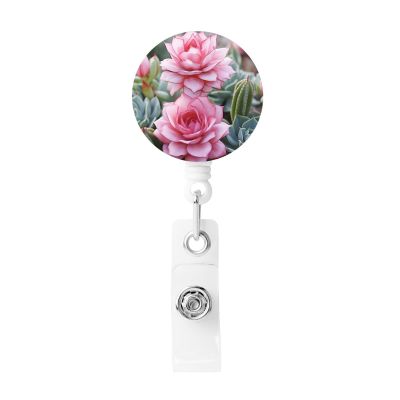 Retractable Flamingo Succulent Badge Reel with Belt Clip