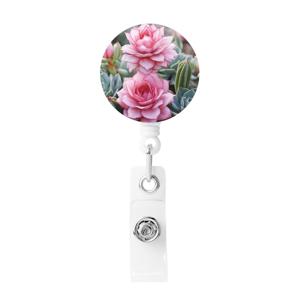 Retractable Flamingo Succulent Badge Reel with Belt Clip
