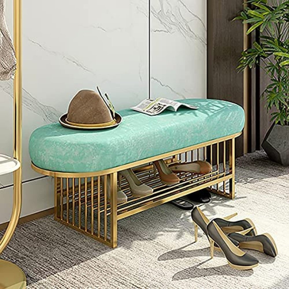 Modern Velvet Shoe Bench with Gold Rack, Green, 80 x 35 x 45 cm