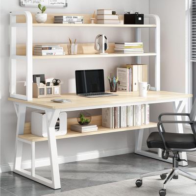 Modern Computer Desk with Shelves and Bookcase, 119.9 cm, Natural