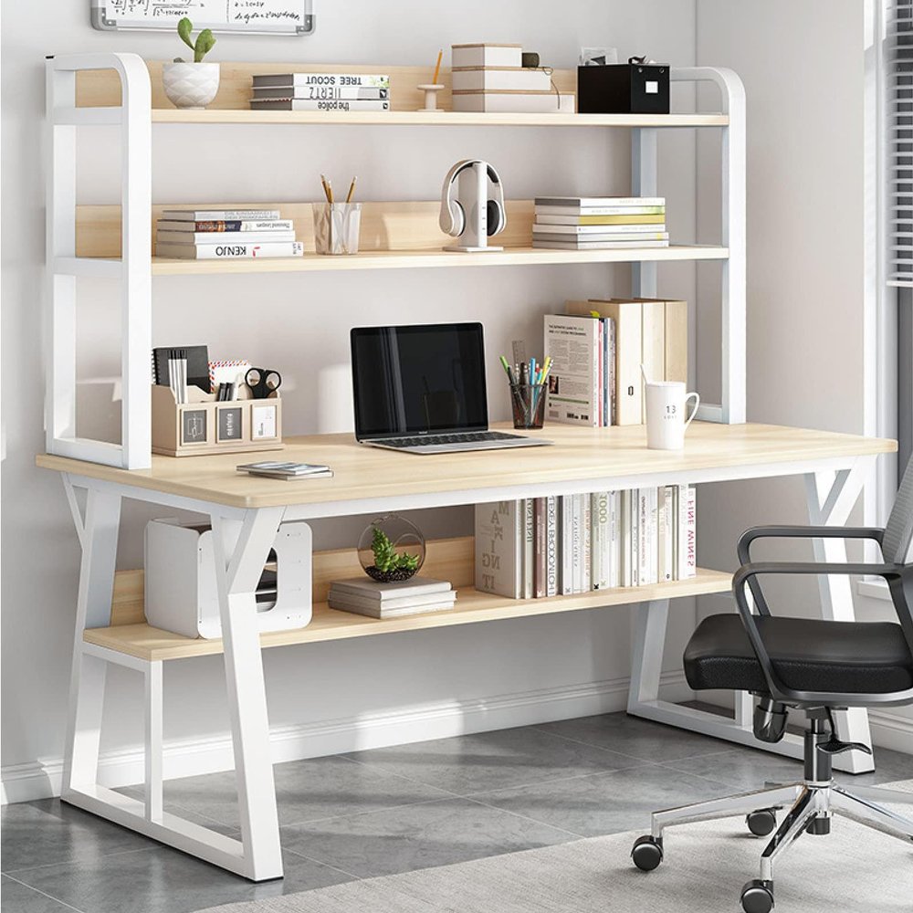 Modern Computer Desk with Shelves and Bookcase, 119.9 cm, Natural