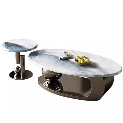 Oval Stone Coffee Table with Metal Base, Luxury Modern Cocktail Table for Living Room 47