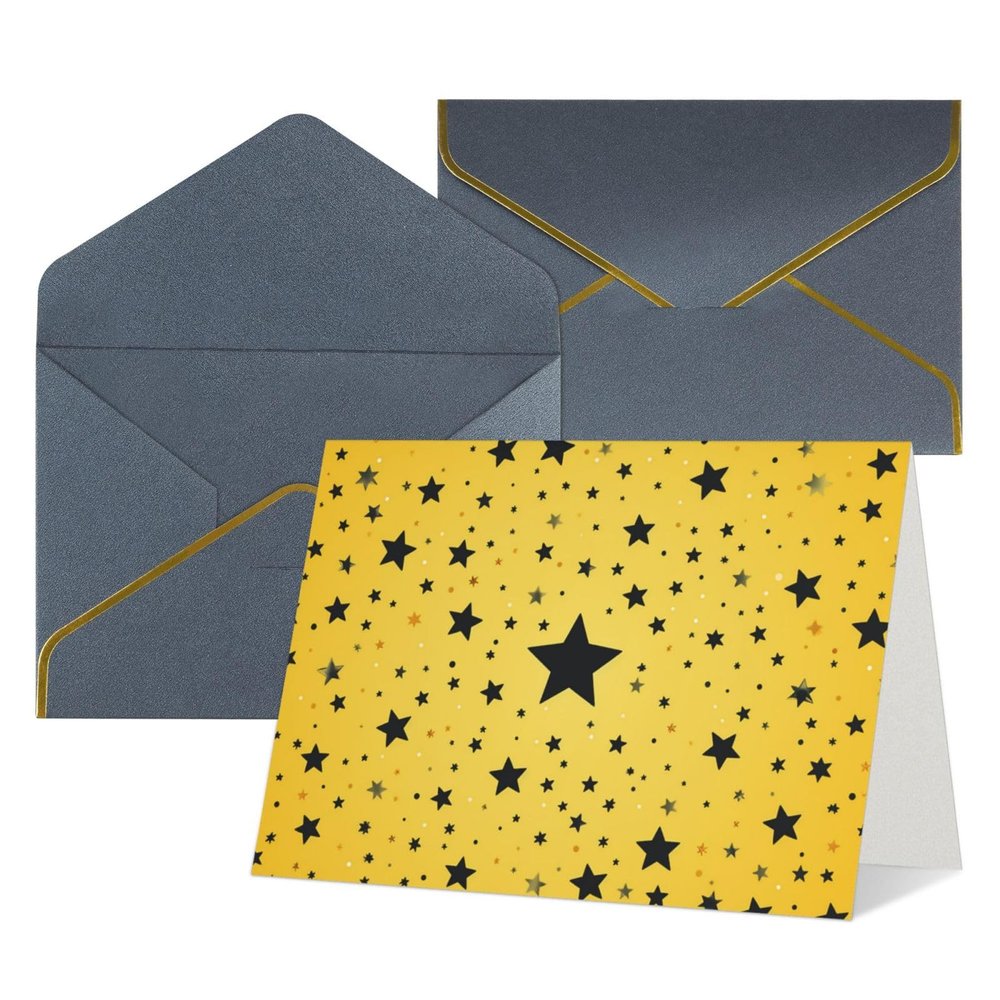 CSGJMYGS Thinking of You Cards with Envelopes, 4 x 6 in, Blank, Yellow Background with Black Stars