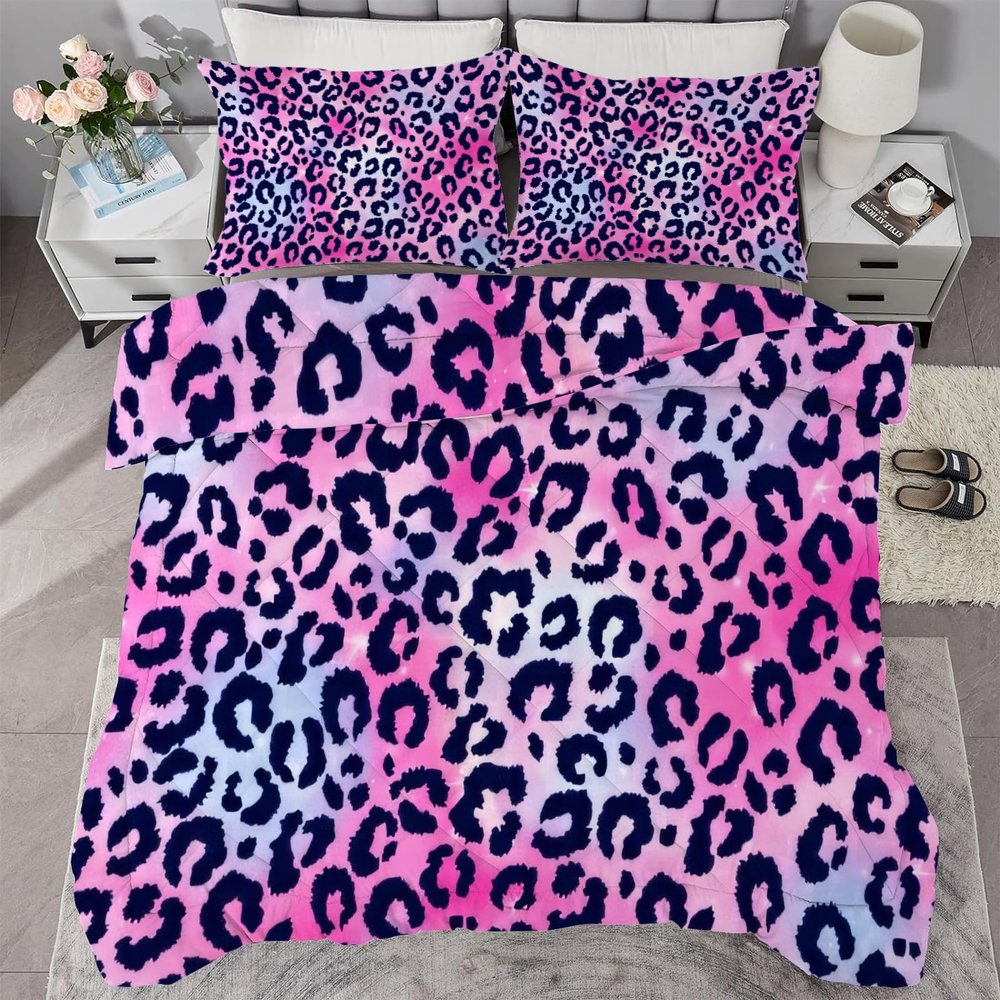 buyluhn Leopard Print Duvet 180 x 220 cm, 4-Season Red/Blue Quilt, Usable Without a Cover, Kids' Microfiber Quilt, Machine Washable, with 2 Pillowcases