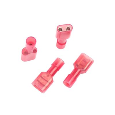 10 Nylon Female Crimp Terminals, FDFN2-250/2.5-250, 16–14 AWG, Red Brass Flat Connectors