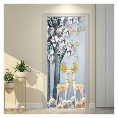 Moose Door Sticker, Deer Wallpaper, Fantasy Myth Style, Floral PVC, Self-Adhesive Wall Decal, 95 x 215 cm