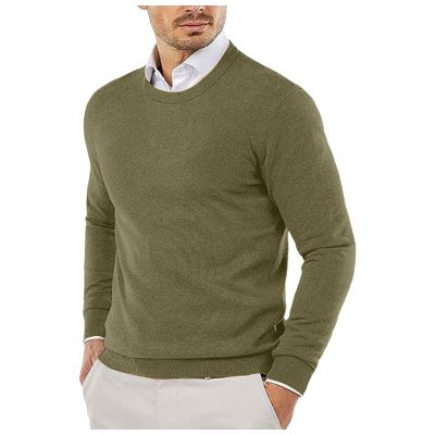 Duohropke Men's Crew-Neck Knit Sweater, Long Sleeve, Crimped, Ribbed Collar, Solid Color
