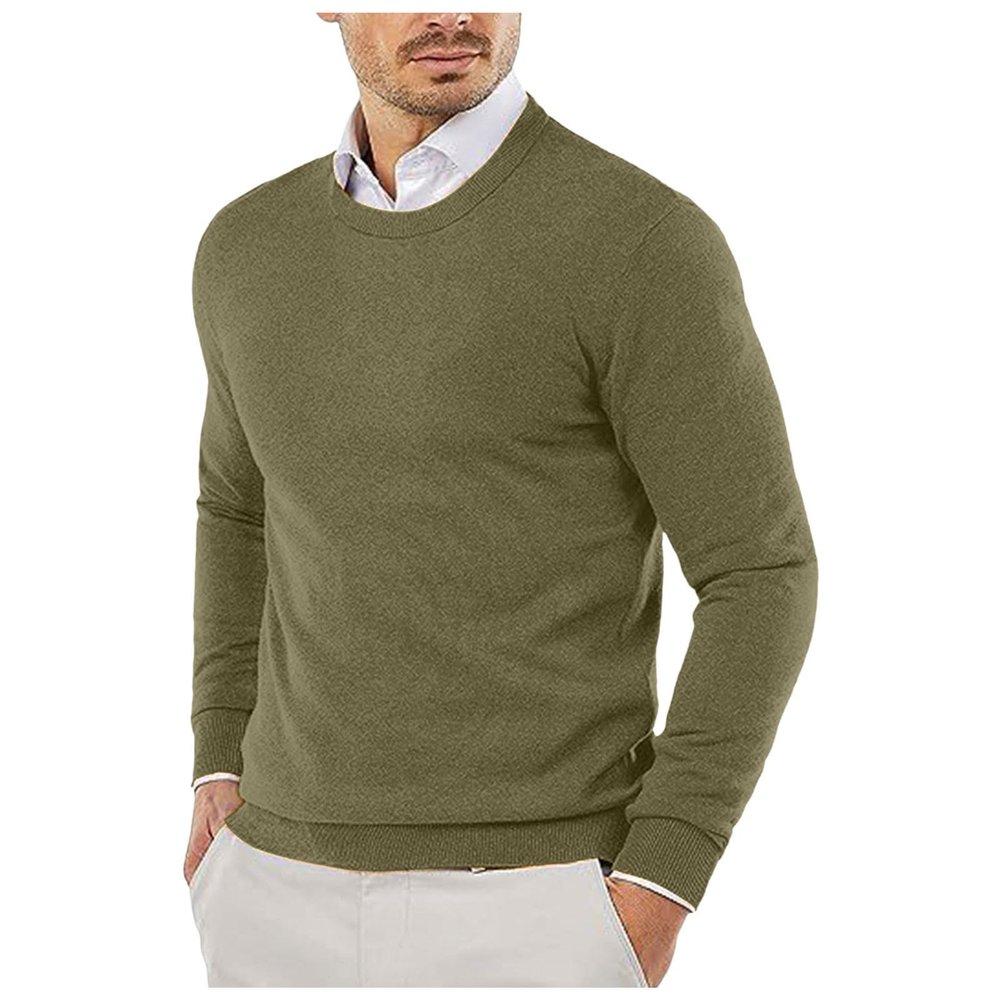 Duohropke Men's Crew-Neck Knit Sweater, Long Sleeve, Crimped, Ribbed Collar, Solid Color