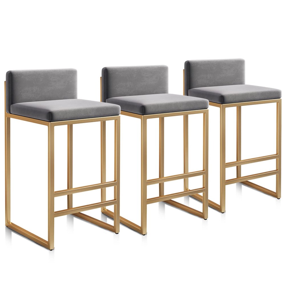 3-Piece Bar Stool Set, 65 cm Counter Height, Padded Stools with Low Backrests, Modern Black Chairs for Kitchen, Home and Pub, Gray