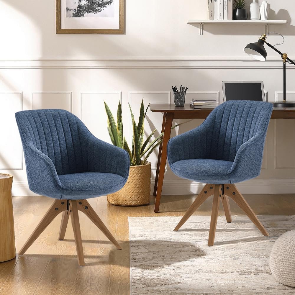 Zouron Swivel Dining Chairs, Set of 2, Blue Linen Upholstered Armchairs