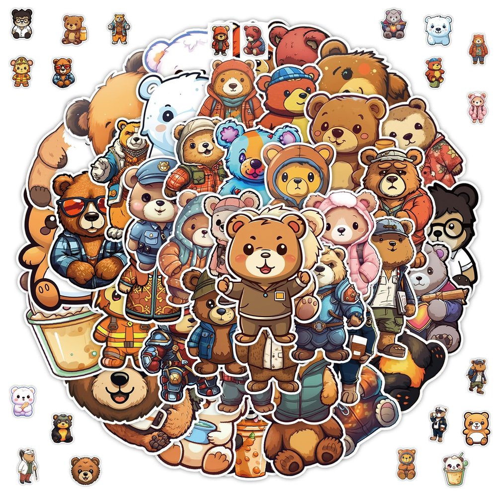 100 Cute Bear Cartoon Stickers, 50 Unique Designs