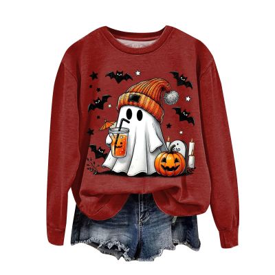 Women's Halloween Pumpkin Costume Sweater with Ghost Print, Long Sleeve Crewneck Top