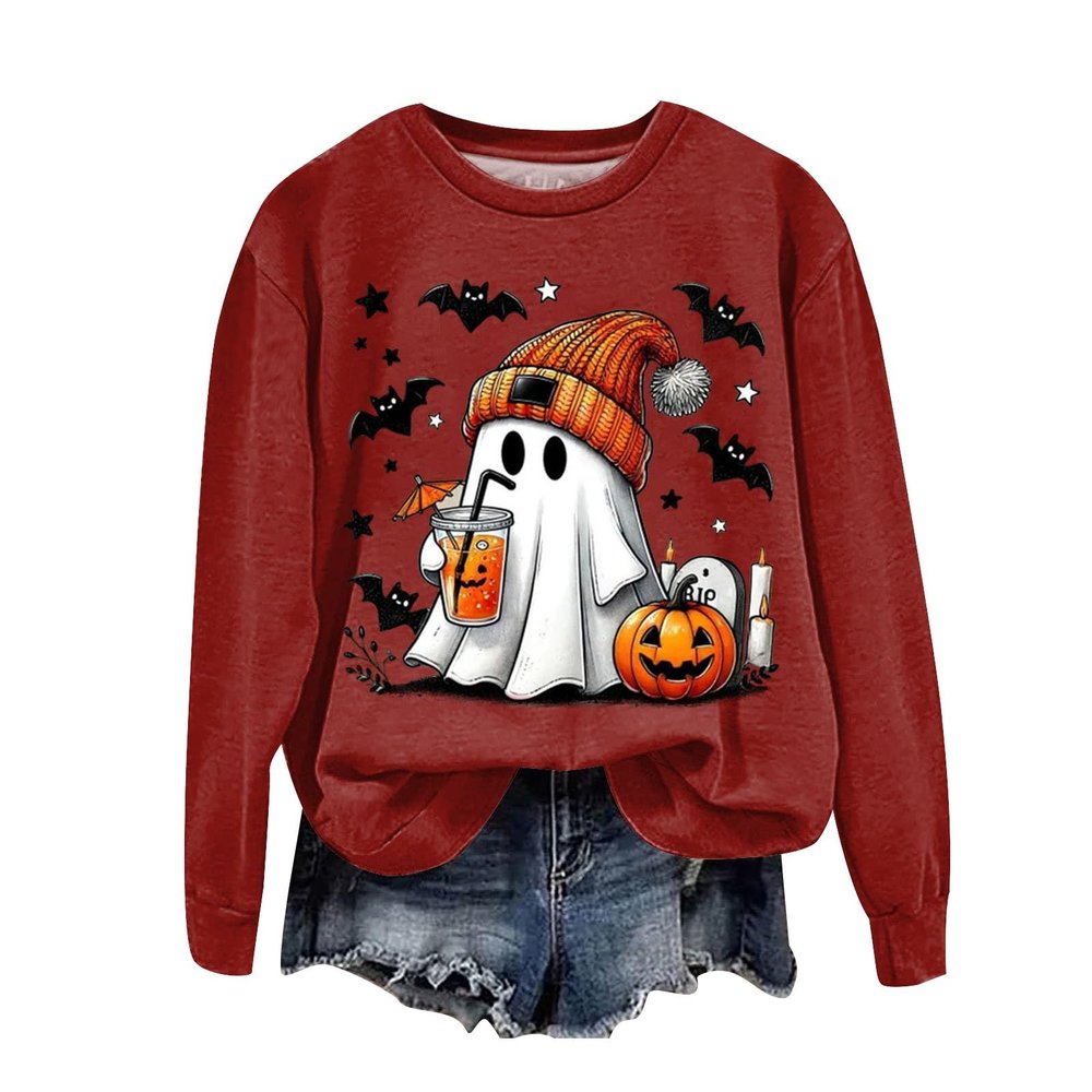 Women's Halloween Pumpkin Costume Sweater with Ghost Print, Long Sleeve Crewneck Top