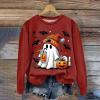 Women's Halloween Pumpkin Costume Sweater with Ghost Print, Long Sleeve Crewneck Top view 2