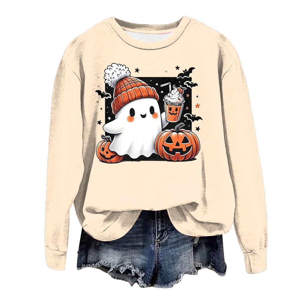 Women's Halloween Pumpkin Ghost Print Long-Sleeve Sweatshirt