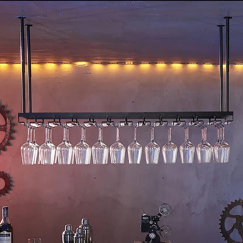 GSKDBCC Black Industrial Hanging Wine Rack for Bottles and Glasses