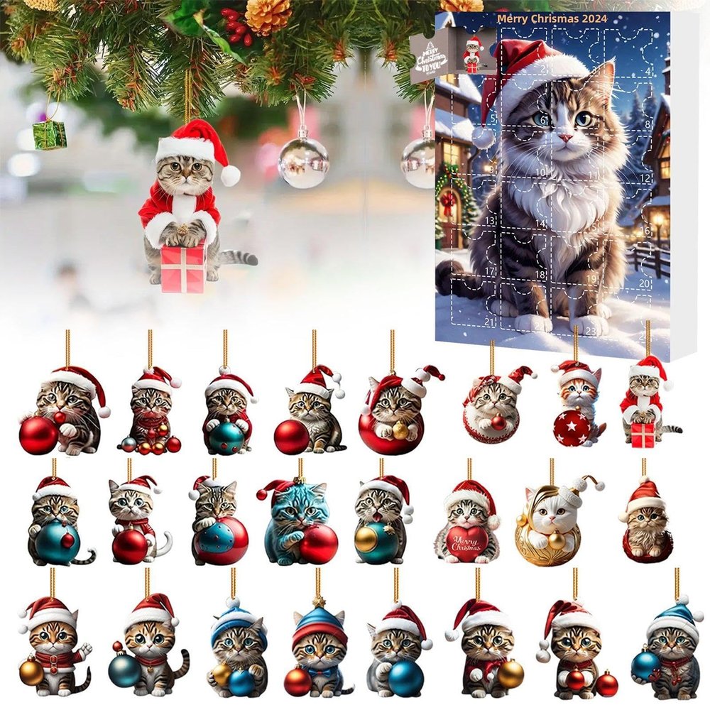 2024 2D Acrylic Cat Christmas Tree Ornament Advent Calendar