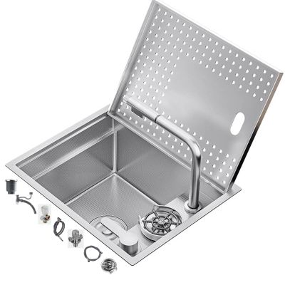 Stainless Steel Single-Bowl Kitchen Sink with Lid and Pull-Out Faucet, 55 x 38 x 21 cm