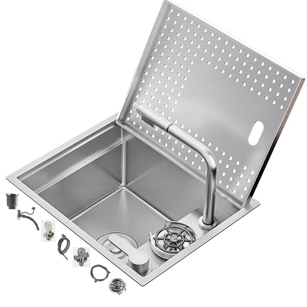Stainless Steel Single-Bowl Kitchen Sink with Lid and Pull-Out Faucet, 55 x 38 x 21 cm