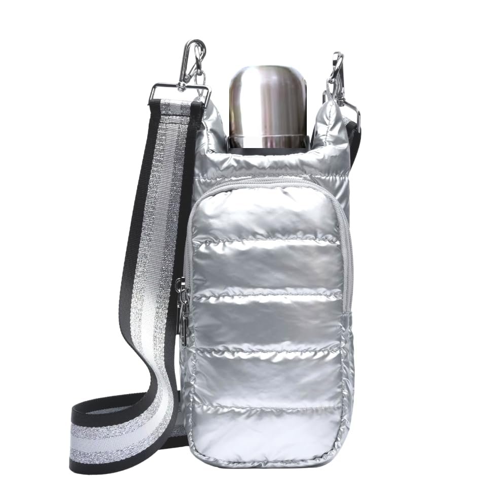 LESCATO Original Crossbody Water Bottle Bag/Puffer Tote Tumbler Holder with Phone & Accessory Pockets (Silver)