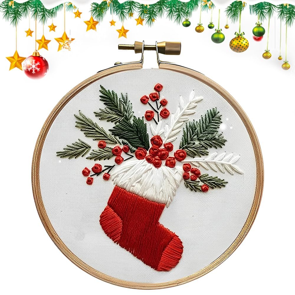 Christmas Embroidery Set for Adult Beginners with Hoop, Threads and Tools - Stocking