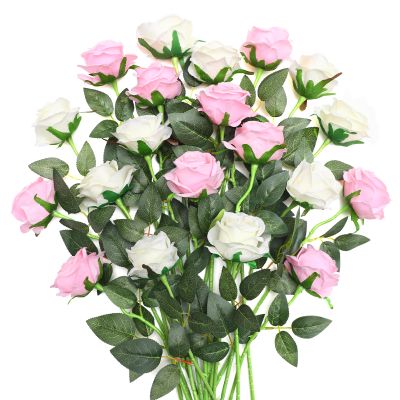 JUSTOYOU 20-Piece Artificial Two-Tone Silk Rose Bouquet with Stems, White and Pink