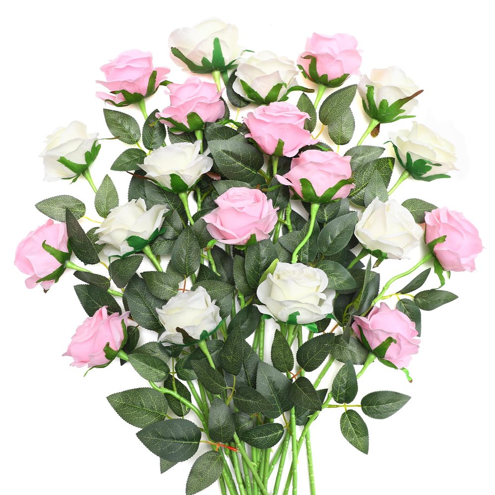 JUSTOYOU 20-Piece Artificial Two-Tone Silk Rose Bouquet with Stems, White and Pink