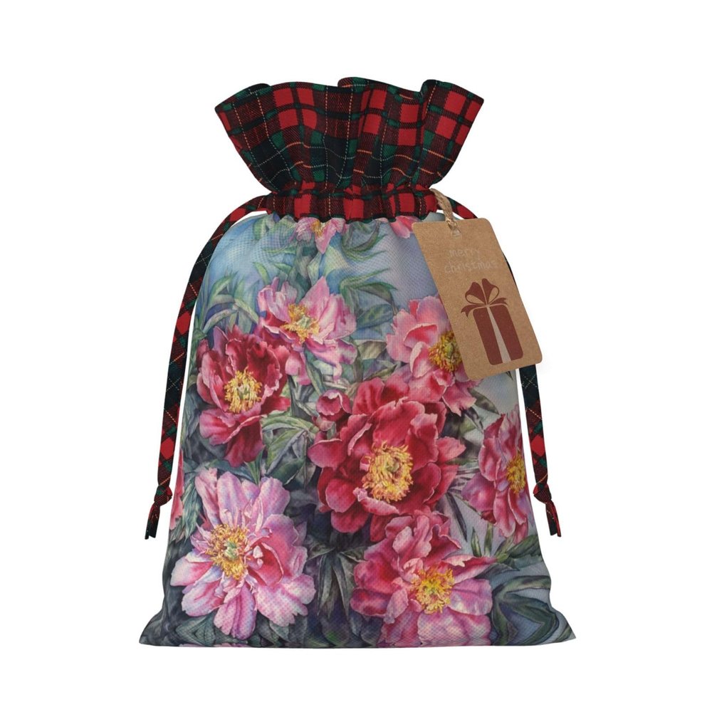 Spring Flower Print Christmas Drawstring Gift Bags