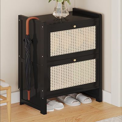 Rattan Shoe Cabinet with Flip-Down Doors