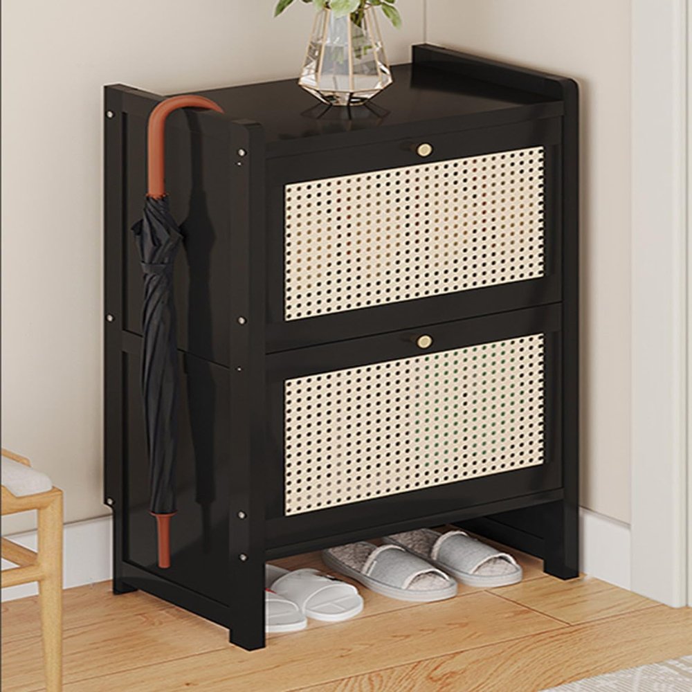 Rattan Shoe Cabinet with Flip-Down Doors