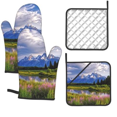 Grand Teton National Park Oven Mitts and Pot Holders, Set of 4, Heat Resistant to 500 Degrees, Extra Thick, Non-Slip