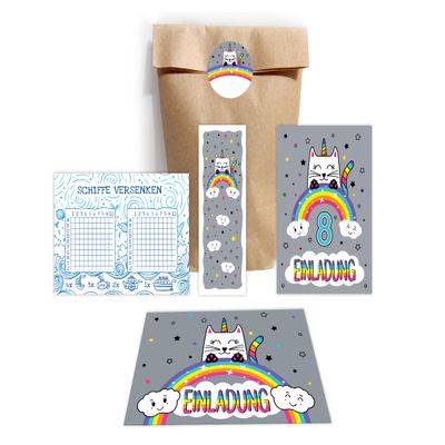 JuNa-Experten 10 Invitations for an 8th Birthday, Cat/Unicorn, Pink
