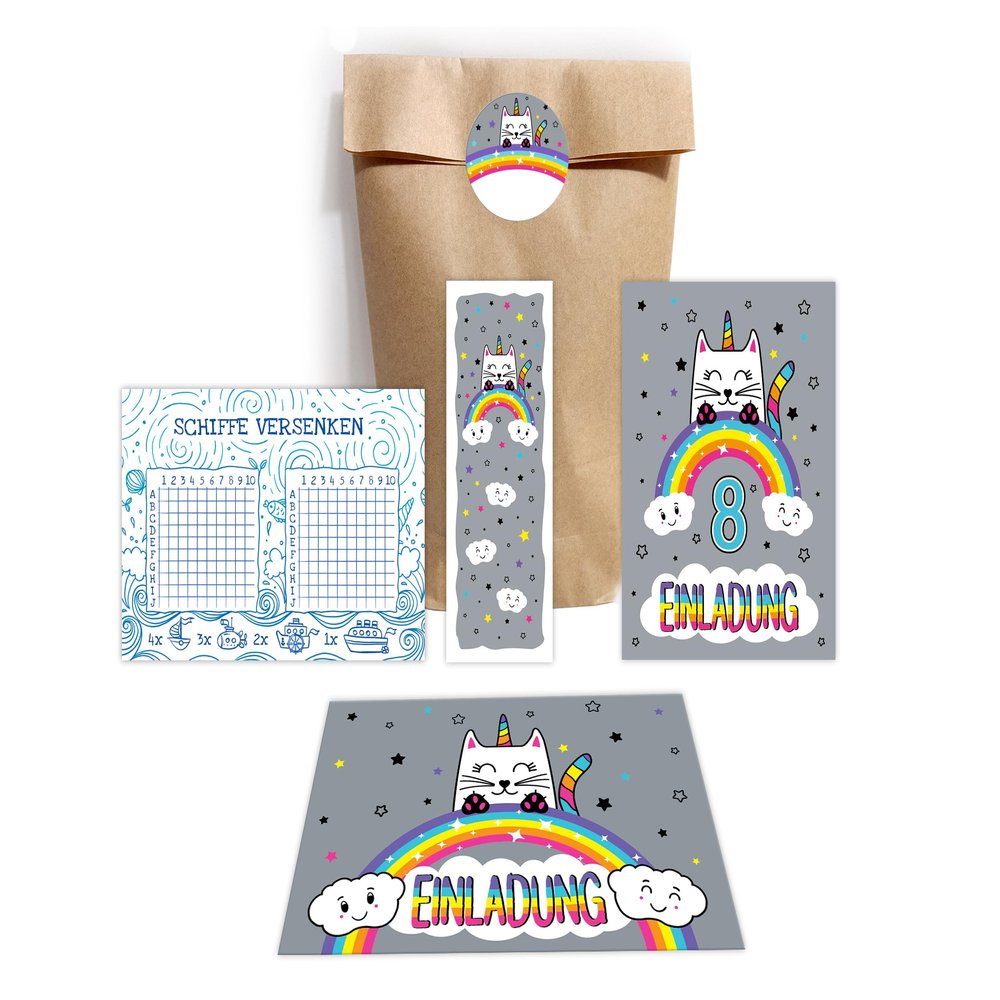 JuNa-Experten 10 Invitations for an 8th Birthday, Cat/Unicorn, Pink