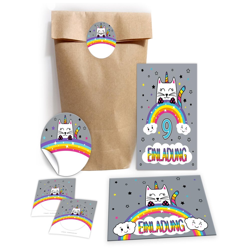 JuNa-Experten 8 Cat & Unicorn Invitations for a 9th Birthday