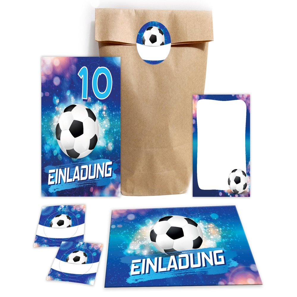 6 Football Invitations for a Boy's 10th Birthday with Envelopes, Party Bags, Stickers and Mini Notepads