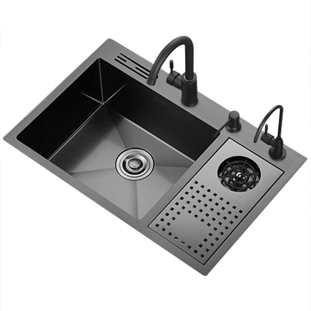 GLMGBP 304 Stainless Steel Kitchen Sink with Faucet, Single Bowl, Workstation, Black, 70 × 46 × 21 cm