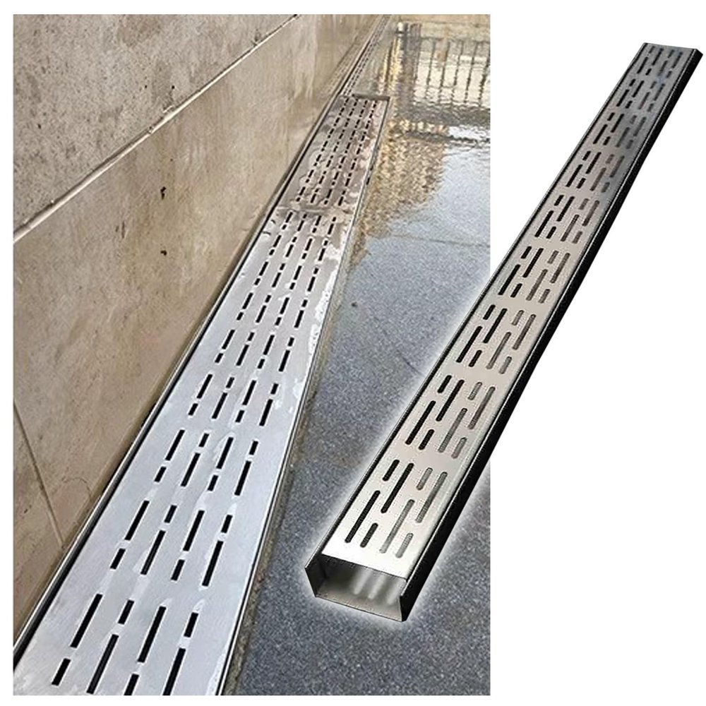 U-Shaped Rain Drain Grate, 1 m Channel with Metal Cover, 8 cm Holes, 100 × 5 × 5 cm