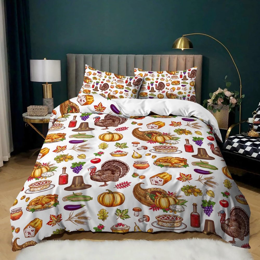 MLUNKQAIL Halloween Duvet Cover Set, 200 x 220 cm, 3-Piece Pumpkin-Turkey-Fruit Design