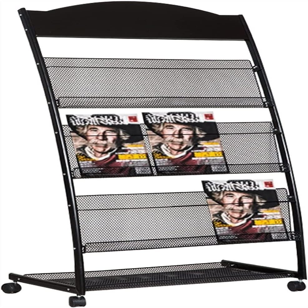 ZGYOZMNG Foldable Floor-Standing Literature Rack, Black Steel Magazine Holder (A)