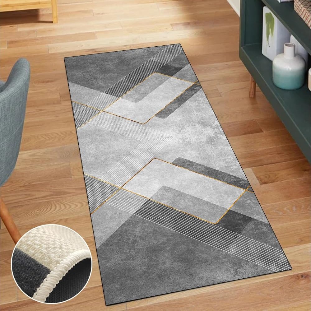 QQrunner Gray Patchwork Runner Rug, Non-Slip, 80 x 550 cm