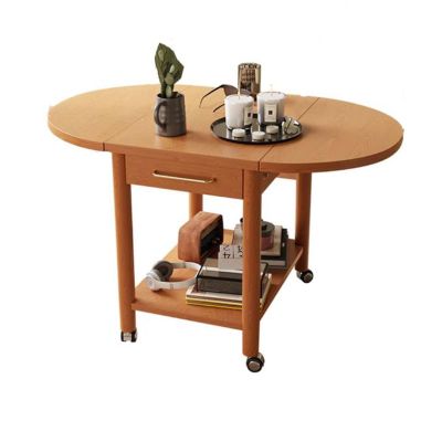 2-Tier Mobile Solid Wood Coffee Table with Wheels, Shelf and Drawer