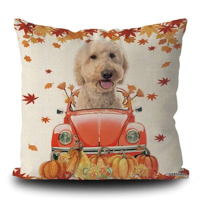 GABSHAIM Goldendoodle Decorative Pillow Cover, Dog and Autumn Maple Leaf Design, Linen, 16 x 16 in, Double-Sided