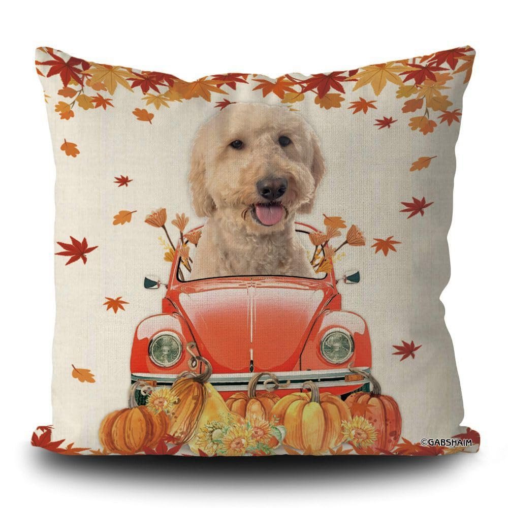 GABSHAIM Goldendoodle Decorative Pillow Cover, Dog and Autumn Maple Leaf Design, Linen, 16 x 16 in, Double-Sided