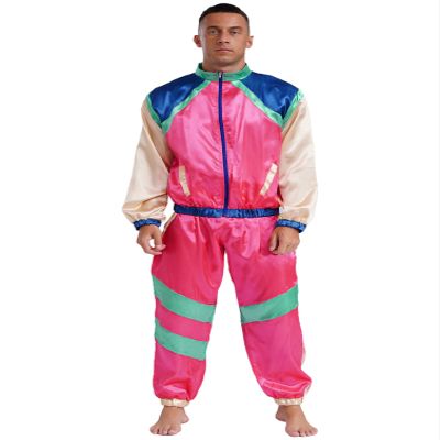 MSemis Men's 70s/80s Disco Hippie Tracksuit, Long-Sleeve Jacket and Jogger Pants, Retro Party Costume, Pink, XL