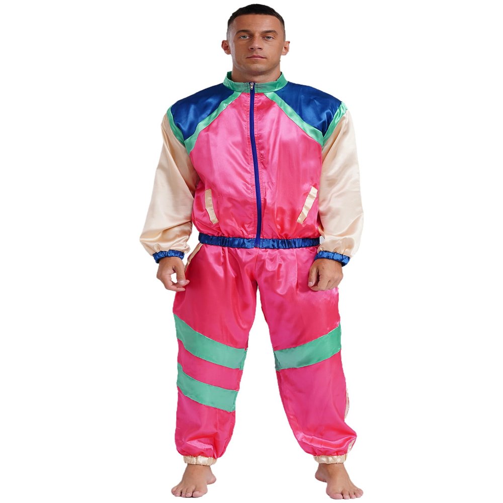 MSemis Men's 70s/80s Disco Hippie Tracksuit, Long-Sleeve Jacket and Jogger Pants, Retro Party Costume, Pink, XL